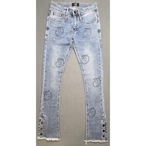 DLMFO‎ Jeans Womens (28x32.5) Slim Taper Streetwear All Over Print Frown Face